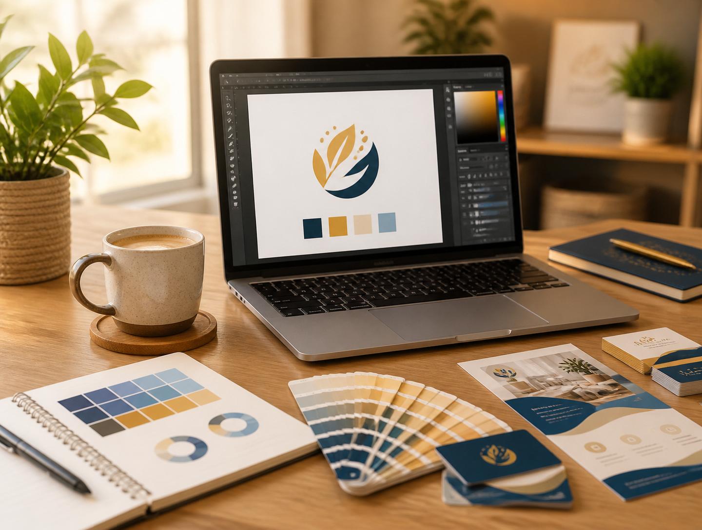 Bright creative workspace with marketing materials, brand colours, and design tools — Jo and Found